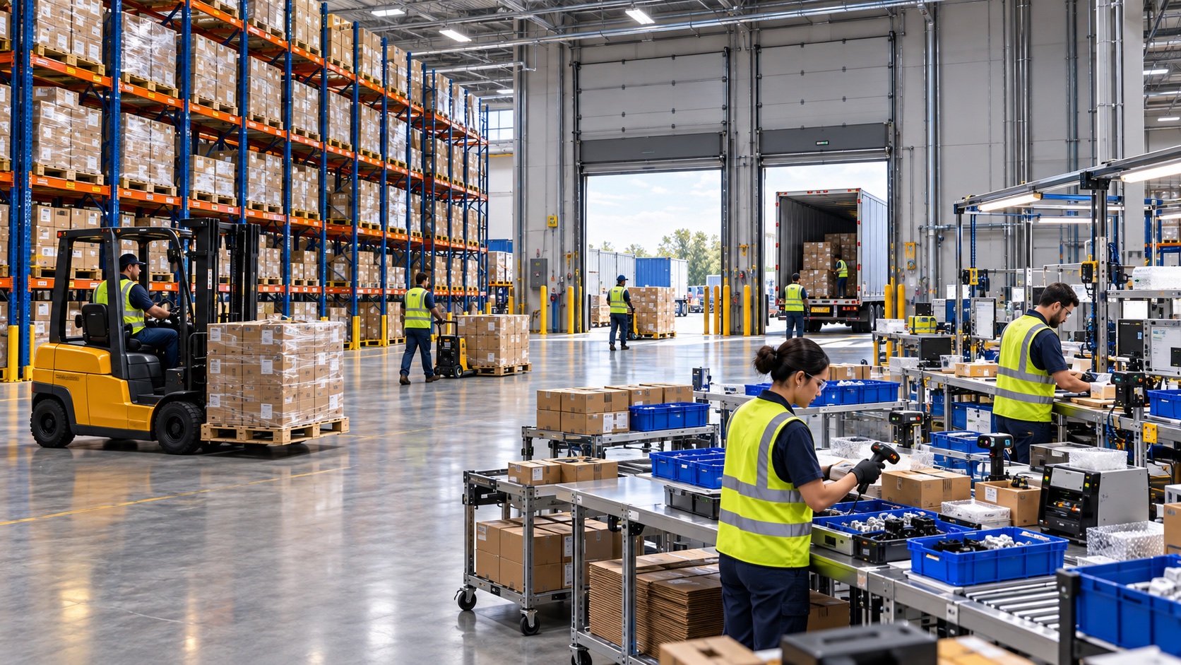 Warehouse team moving stock, loading a truck, and assembling kits